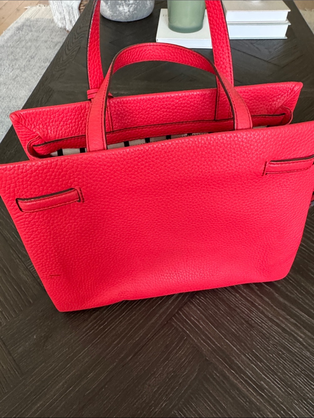 Red Leather Satchel Bag | Structured Top Handle Tote Crossbody Medium Size Gold - Picture 6 of 7